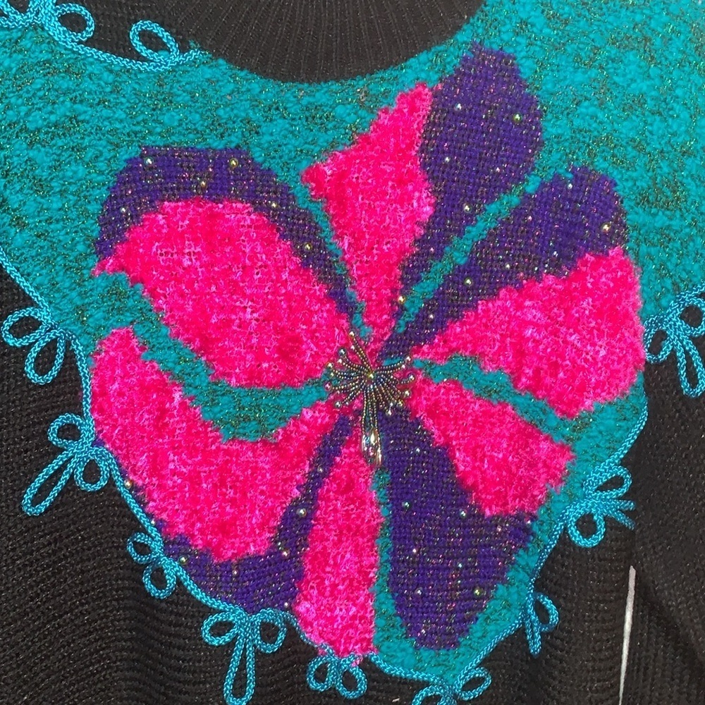 Vintage 80s 90s  Colorful Floral Women's Sweater Beaded Details Small/Medium - Picture 4 of 17